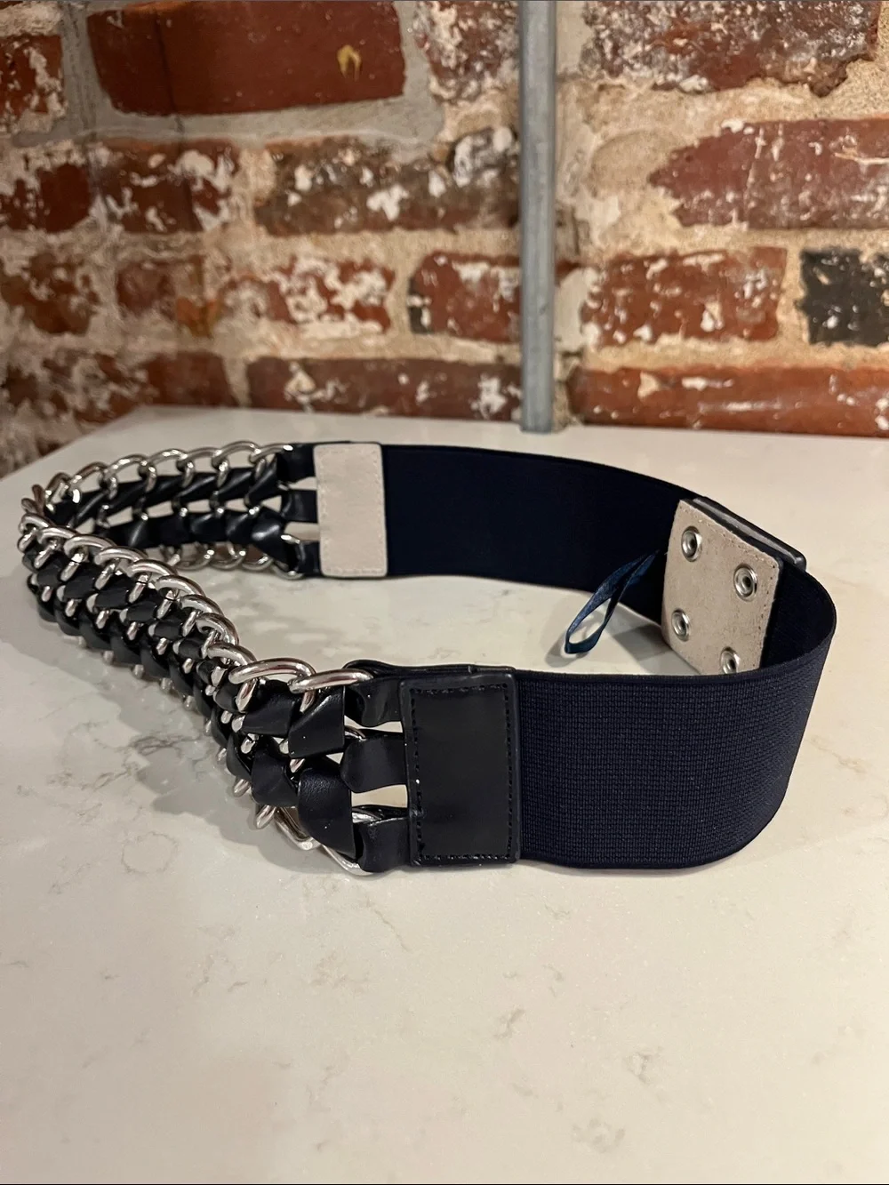 Women’s Navy Elastic Chain-Accent Belt